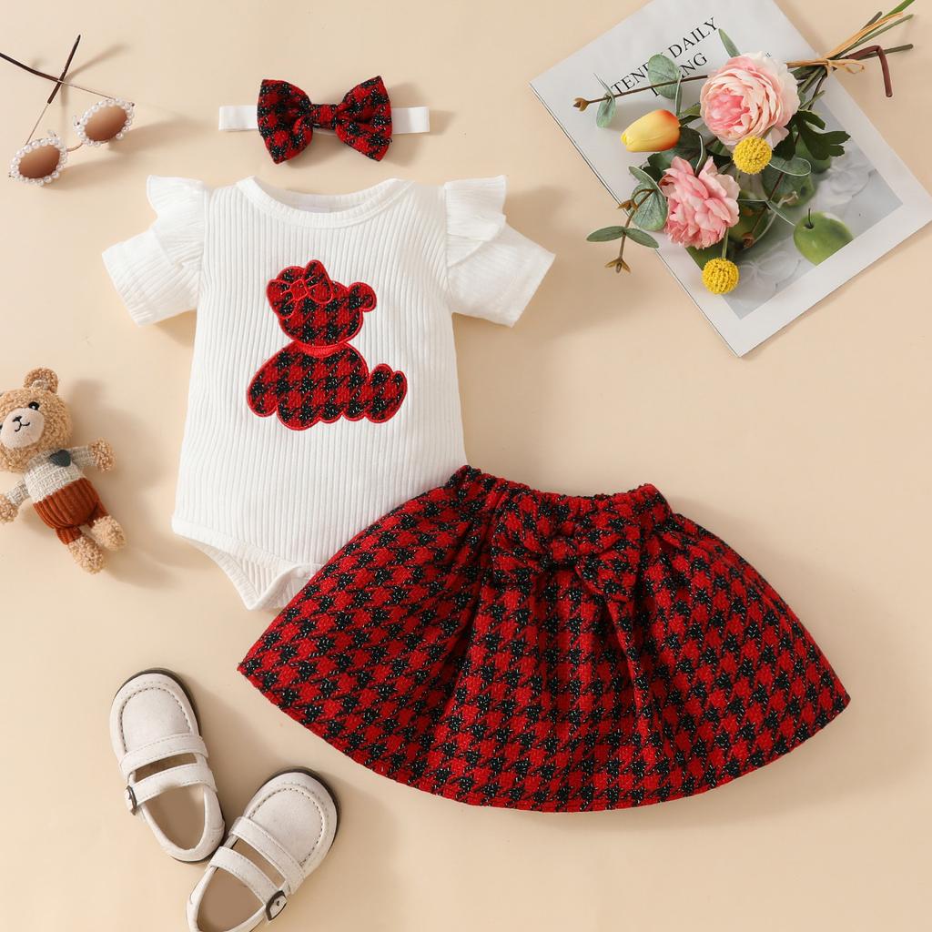 Girls Casual Fashion Set Summer Children Cute Bear Short Sleeve Skirt Set