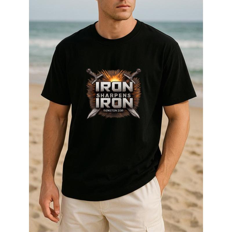 European sizes "Iron Grinding Iron" Cross-sword Logo Hard-core Inspirational Summer Fashion T-shirt, Comfortable and Breathable Casual Sports Top