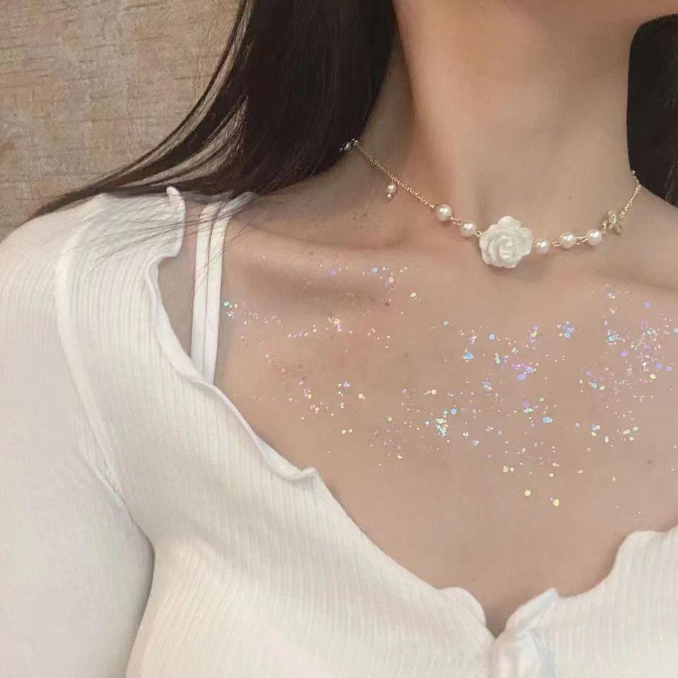 Light luxury pearl love necklace women s summer new trendy niche design sense collarbone chain versatile neck chain