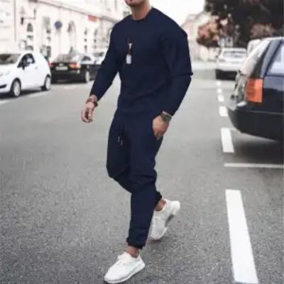 Erkek İlkbahar ve Sonbahar Uzun Kollu Bisiklet Yaka Sweatshirt Eşofman Altı Spor Takımı Tam Set ve Dar Kesim Spor Giyim