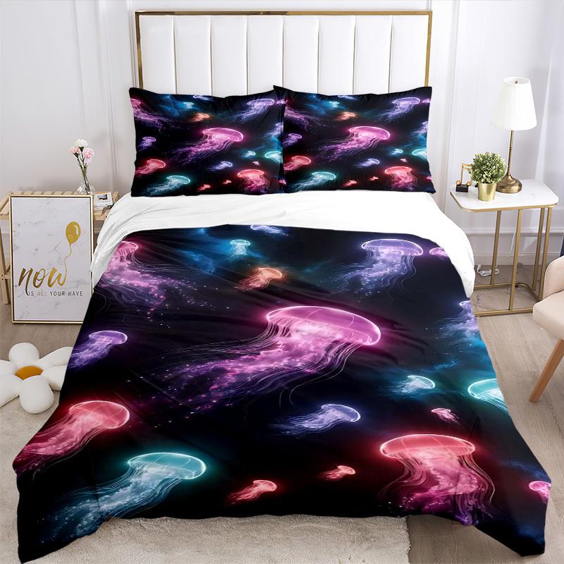 3pcs Colorful Jellyfish Bedding Set - Includes One Quilt Cover and Two Pillowcases (No Filling) - Anime Cartoon Design, Polyester Fabric, Su