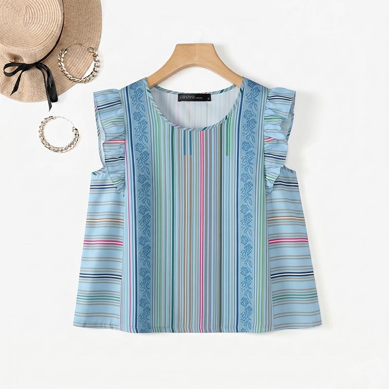 ZANZEA Women Summer Casual Round Neck Stripe Print Sleeveless Vest Tops