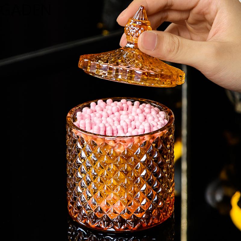 Transparent Förvaringsburk i Glas Hushållsförvaringslåda Glasbehållare Skrivbordsdekoration Bomullspinnslåda med Lock Förvaringsburk
