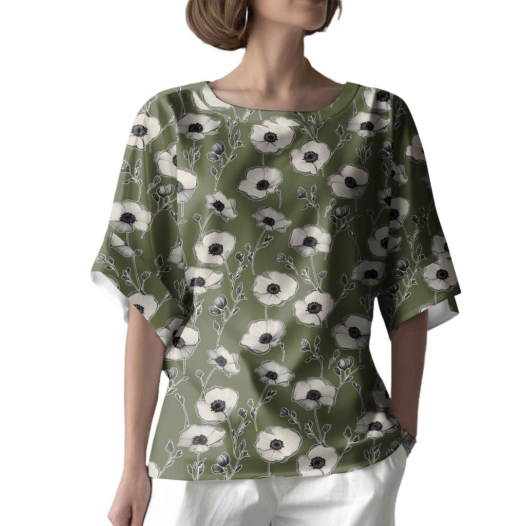 Women's Fashionable Casual Round Neck Printed Top Loose Top Printed Top Loose Top