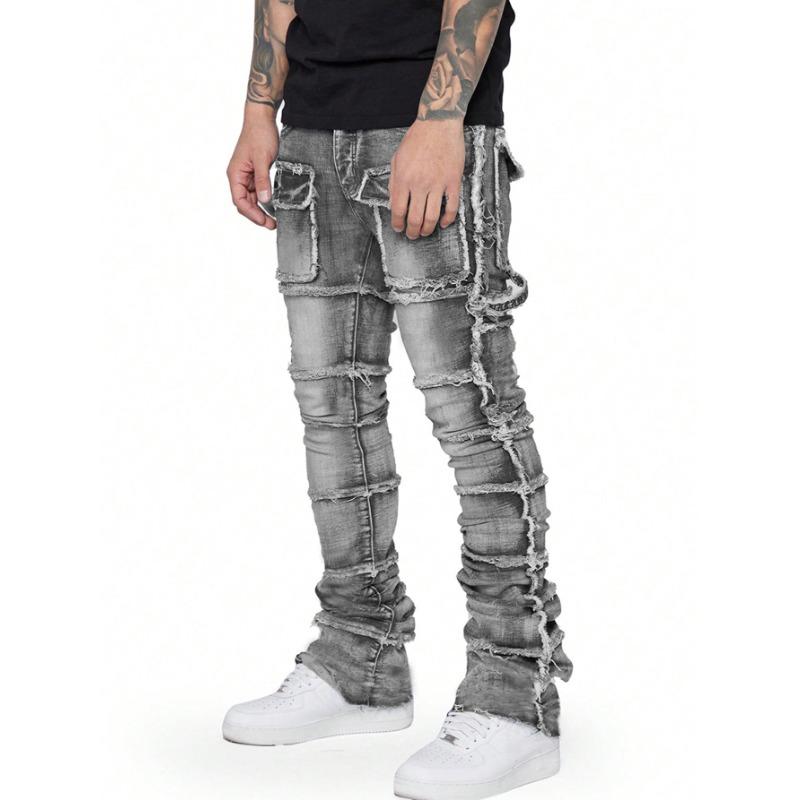 New Retro Cargo Jeans Men Stretchy Ripped Washed Y2k Pants Straight Leg Male's Patched Denim Trousers 2025 Spring Autumn