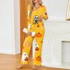 Women's Halloween Print Long Sleeve V-Neck Loose Fit Pajama Set with Pockets