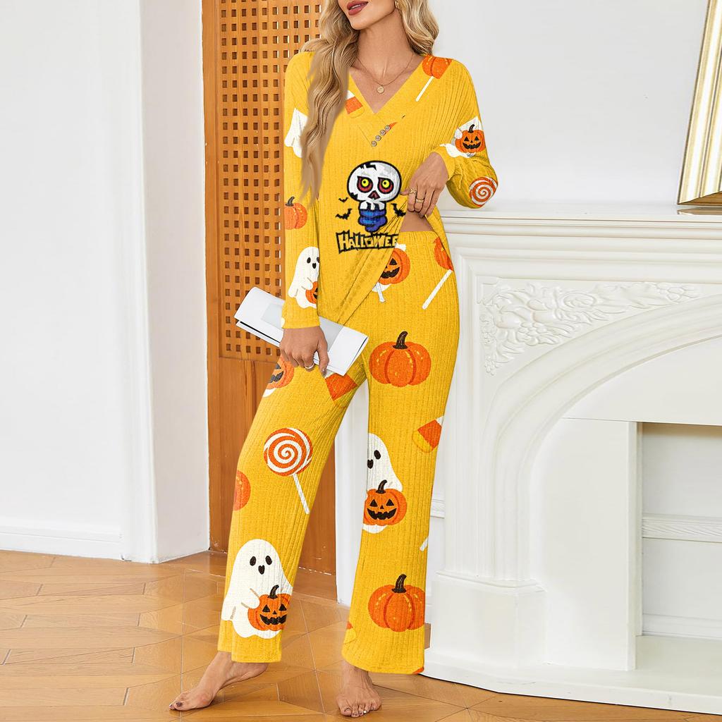 Women's Halloween Print Long Sleeve V-Neck Loose Fit Pajama Set with Pockets