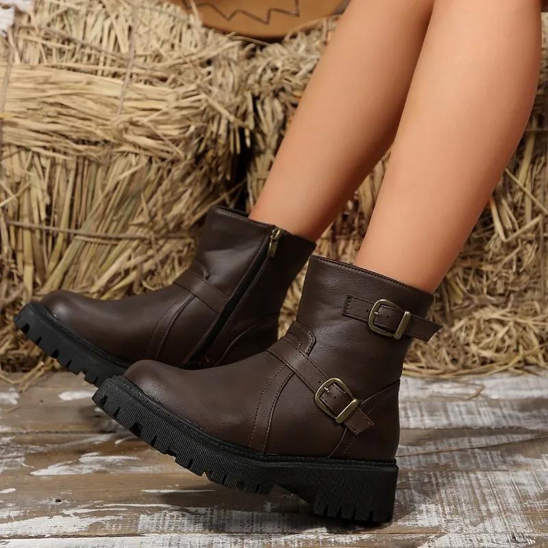 Women's Thick Soled Flat Motorcycle Boots  New Hot Selling Fashion Classic Retro Zipper Ankle Shoes New Walking Zapatos