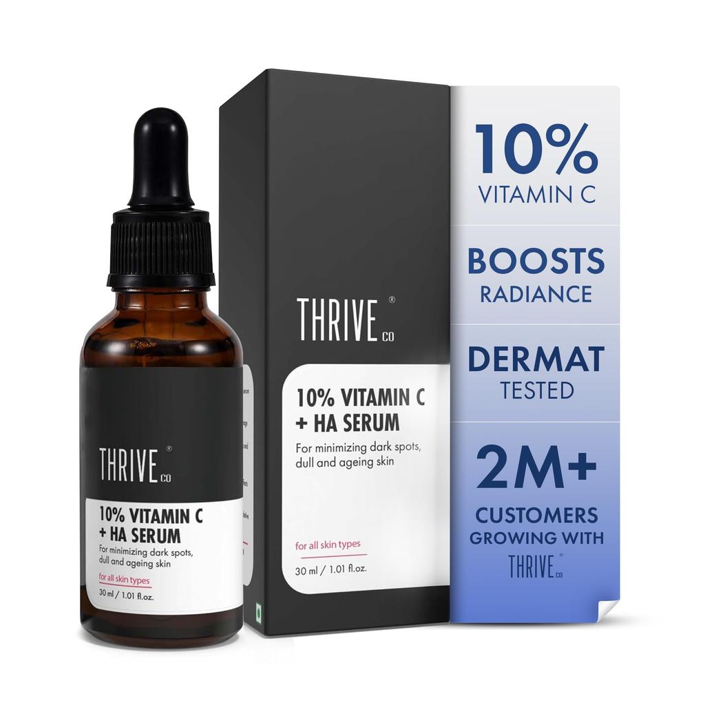Thriveco 10% Vitamin C Face Serum | Brightens Skin & Helps Reduce Dark Spots | With 33 Kda + 5 Kda Hyaluronic Acid | Boosts Hydration & Glow | For M