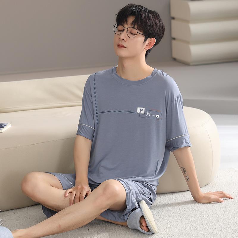 Men's Summer Ice-Fabric Pajama Set: Short Sleeve, Round Neck, Plus Size