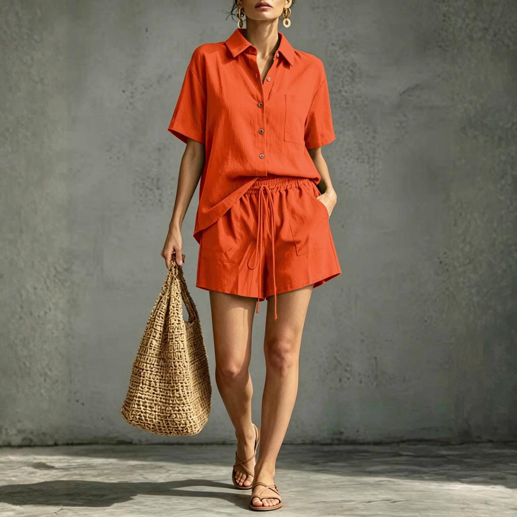 Linen Sets For Women 2 Piece Short Sleeve Button Down Shirt And Shorts Casual Comfy Cotton Outfits