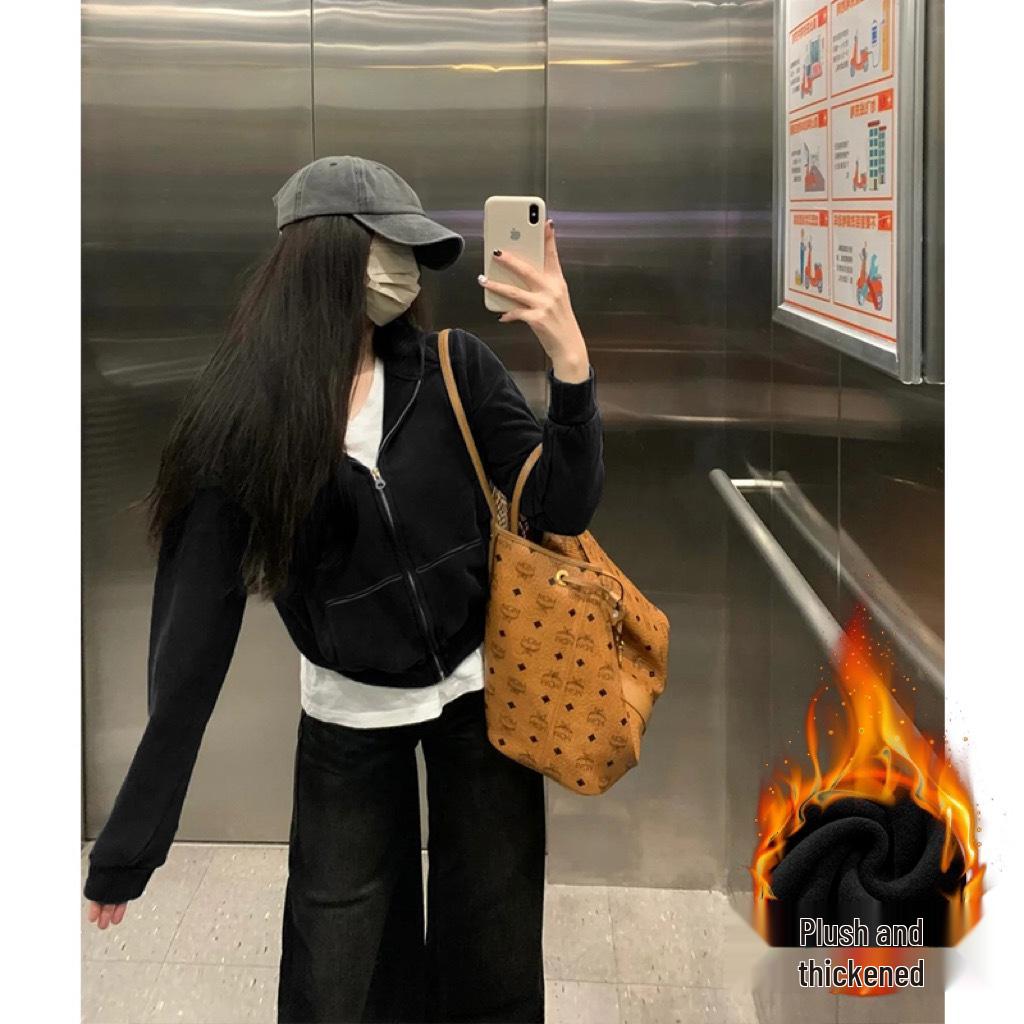 Women's Petite Gray Fleece-Lined Hooded Sweatshirt, Thickened, Short Jacket for Autumn and Winter