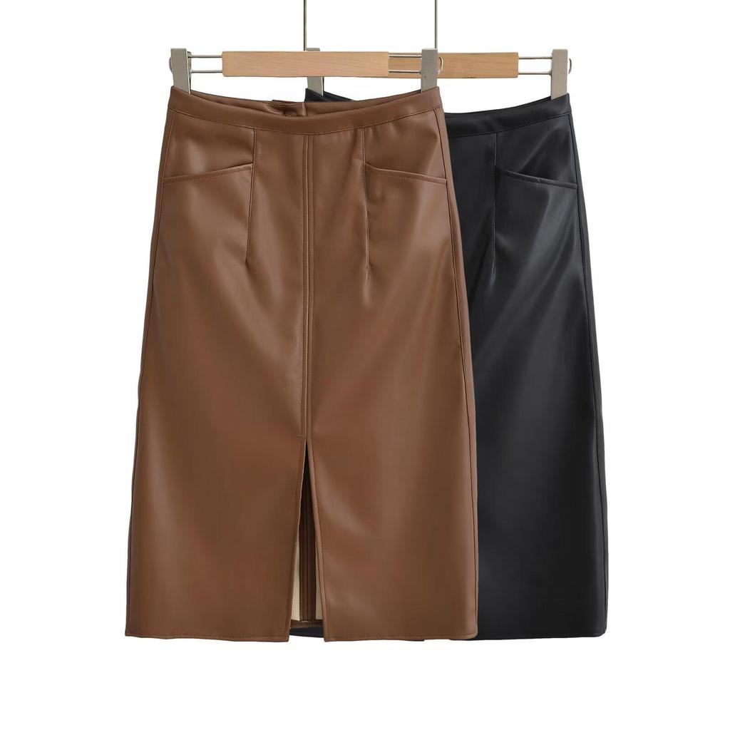 Slimming PU Leather High Slit Midi Skirt - Retro High Waist Hip-Hugging Style