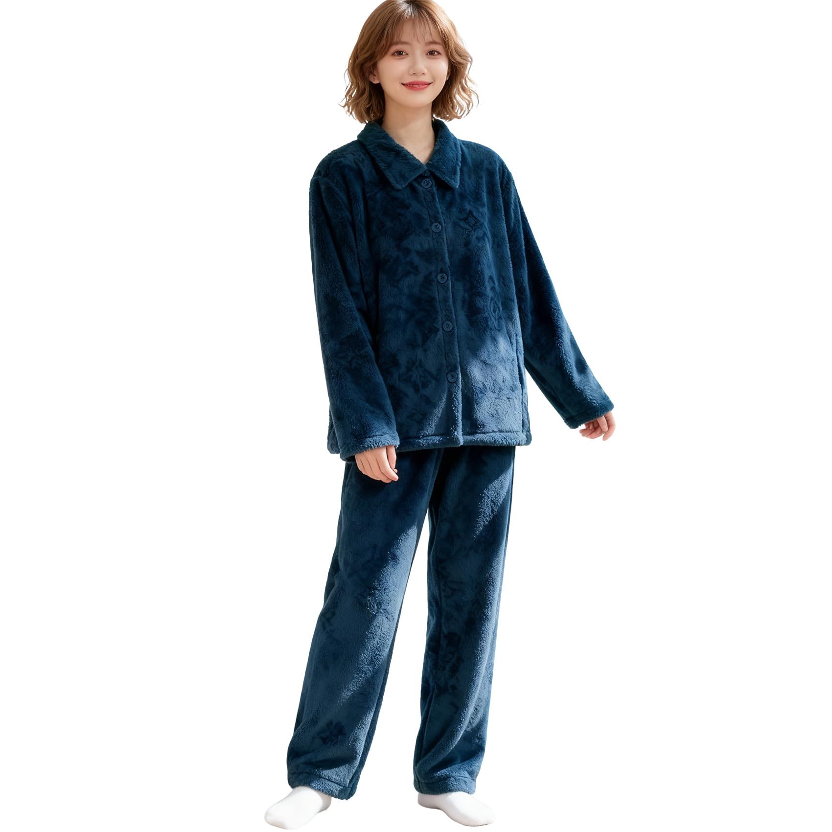 

HEWEAYTA Thick Open Front Long Sleeve Loungewear for Fall and Solid Fleece Lining Women s Pajamas, - Winter, Turtleneck, Warm, Color, (Navy, Medium)