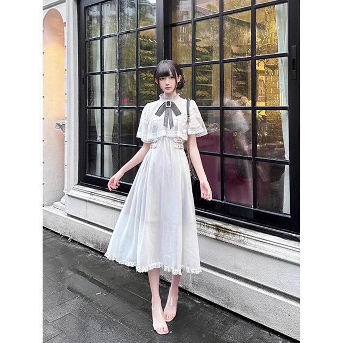 Japanese Dress Short Sleeve Women's Cape Mesh Big Bow Lace Temperament Splicing Long Dress