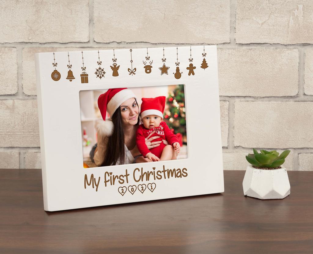 Darling Souvenir MADE WITH LOVE Personalized Wood Engraved Christmas Picture Frame, Table Top White Photo Frame (My First Christmas)