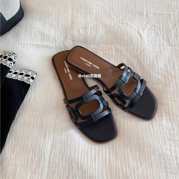 Spot! Su Yinyin's same h-slippers French one-word belt casual beach flat-bottomed slippers women's sandals outside summer