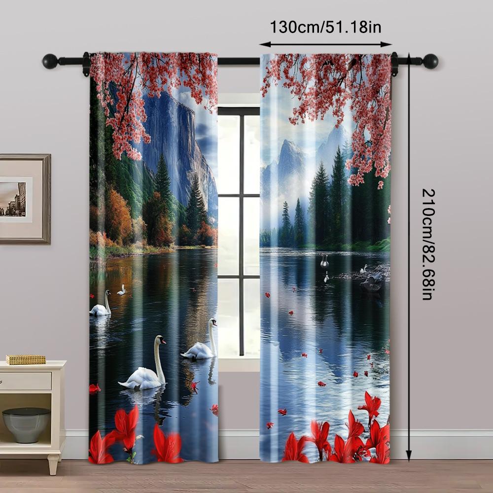 2pc,  Window Treatment Curtains The Picturesque Forest_ Swan Lake_ Seagulls_ Fish_ and Red Blooming Flower Party Blackout
