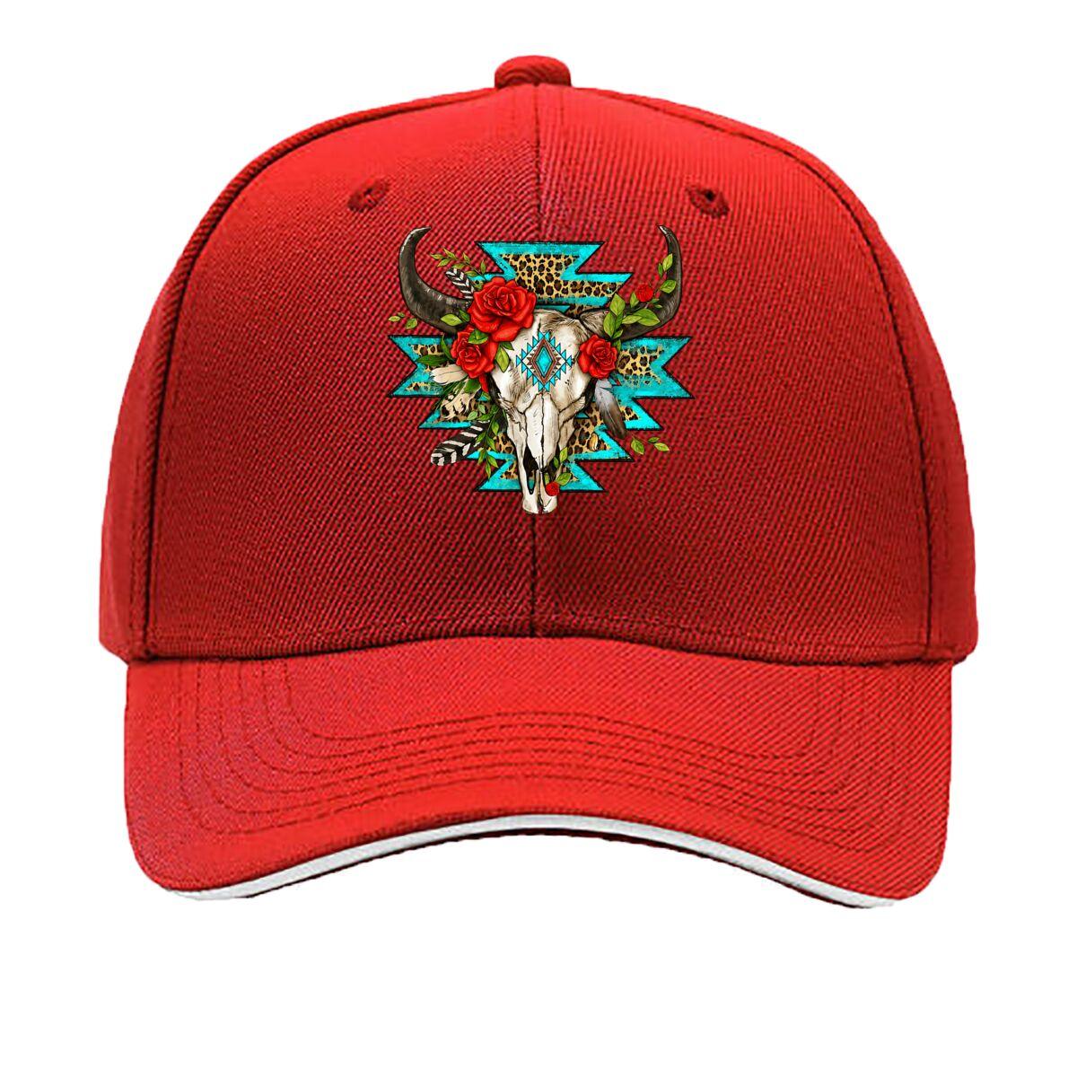 Turquoise Boho Bull Skull Red Rose Leopard Pattern Sandwich Baseball Cap Unisex Women Sun Cap Outdoor Workouts Hat One Size