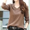 Long Sleeve Solid Plus Sizes [ODFMCE] Women's T-Shirt, Autumn, V-Neck, Cotton, Color, Stylish, (JP, Alphabet, M, Brown)