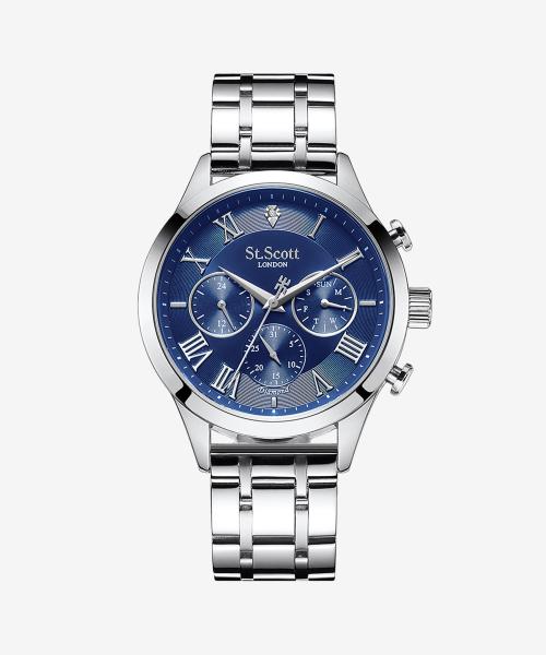 [St. Scott LONDON] St. Scott LONDON Hestia Diamond Multi Watch with Leather Band - Blue ST7501M-SLS1 FREE