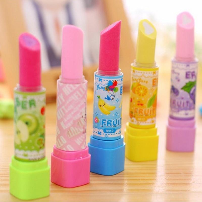 3Pcs Fashion Cute Lipstick Eraser Students Eraser Rubber Stationery Kid Gift Toy Color Random
