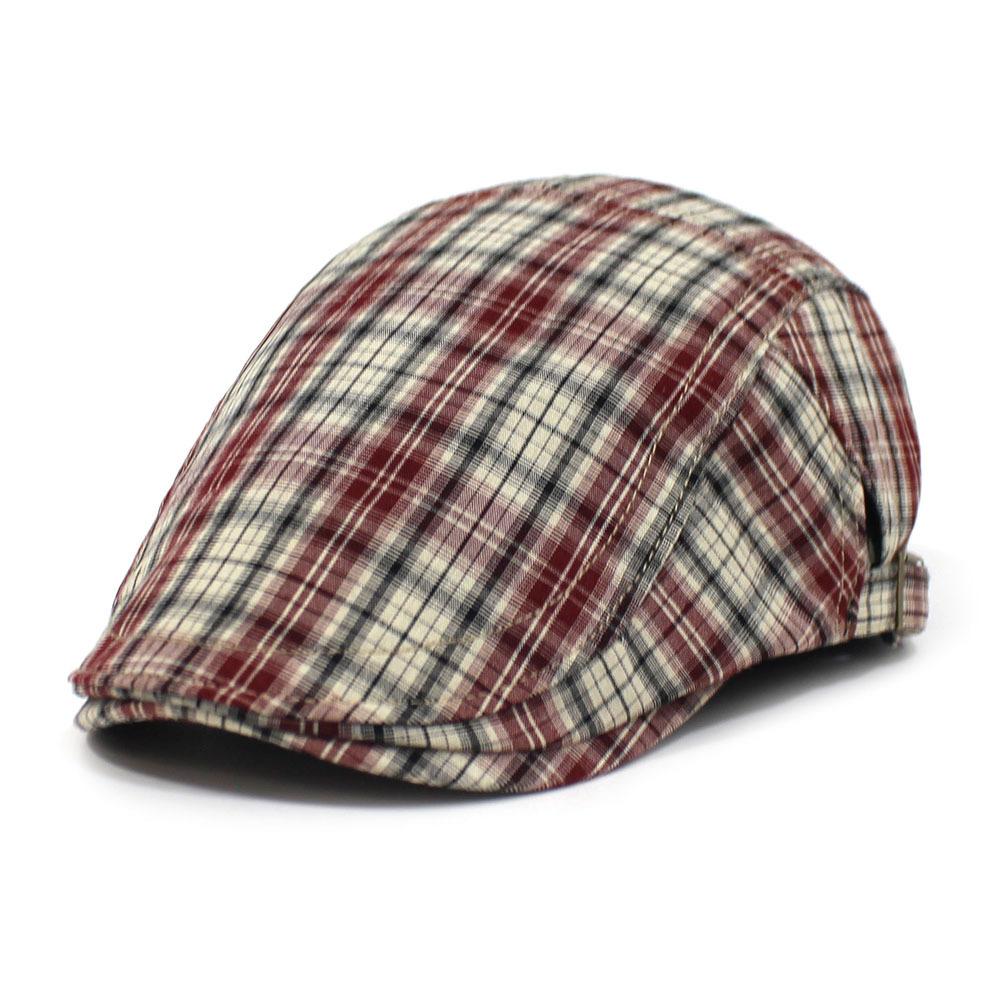 

New spring and summer thin cotton cap men s plaid beret fashion casual forward hat Adjustable червоний