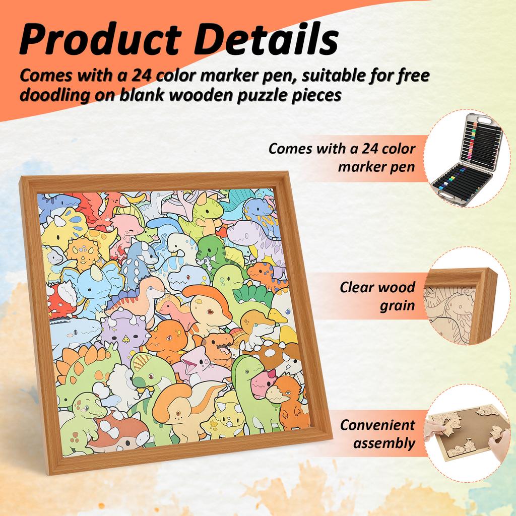Wooden Coloring Puzzle DIY Doodling Jigsaw Puzzles with 24 Color Marker Pen Dinosaur/Monster Coloring Puzzle for Home Decoration