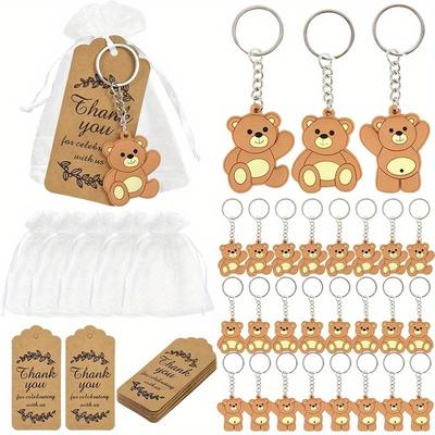12pcs Baby Shower Souvenirs Gift Bear Keychain with Organza Bag Thank You Kraft Tag for Guests Girl Boy Birthday Party Supply