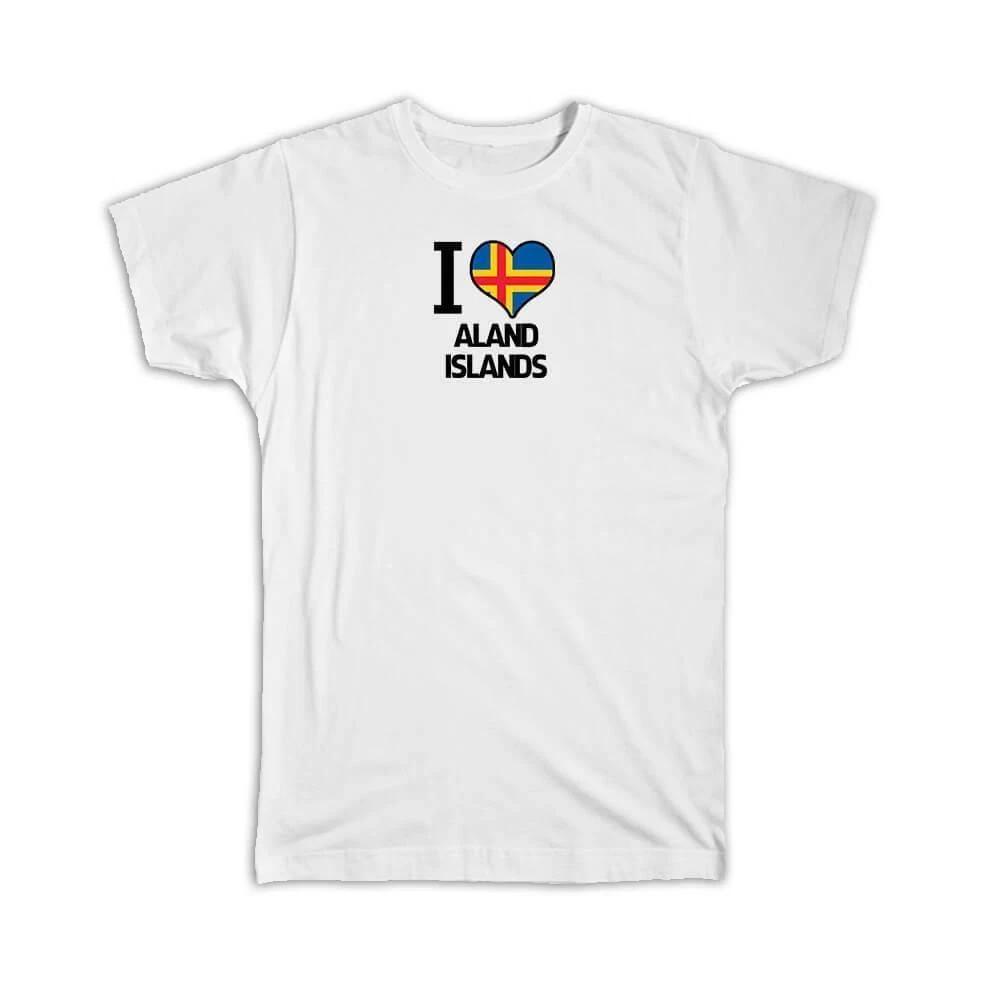 Gift T-Shirt : I Love Aland Islands Flag Heart Country Crest Expat S