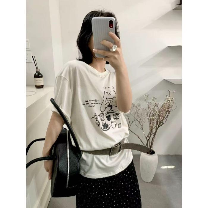 Cartoon bear print short-sleeved T-shirt women s loose and relaxed feeling small fresh temperament loose pullover lazy style M белый