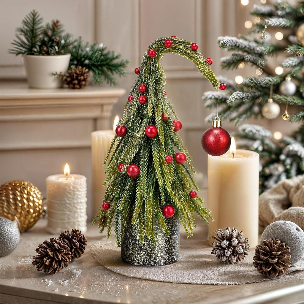 12 Inch Curved Christmas Tree with Red Balls, Mini Artificial Xmas Tree for Tabletop Holiday Decor