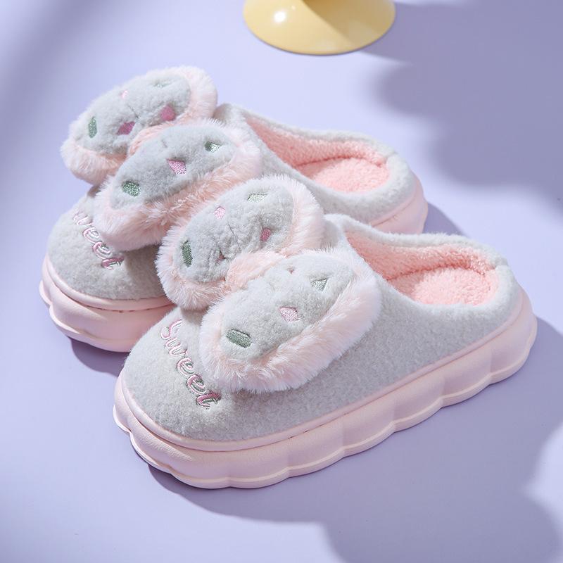 Fashion Cotton Shoes For Women Bow Autumn Winter Warm Non-slip Indoor Girl Color Contrast Cute Comfortable Fluffy Cotton Slippers