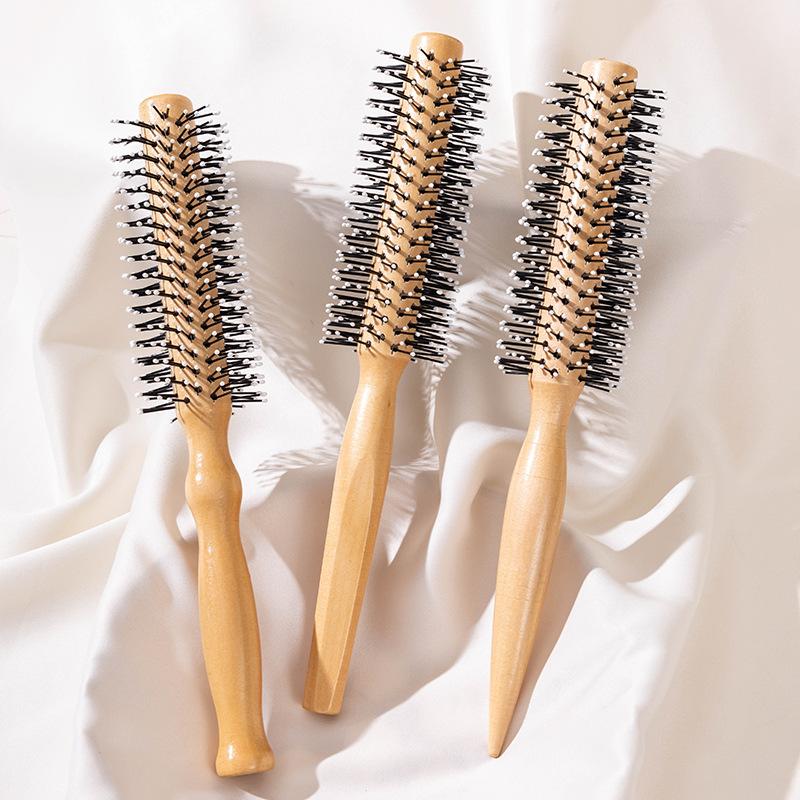Anti-Static Wooden Handle Salon Styling Drying Tool Round Hairdressing Curling Massage Roller Comb For Real Hair Wigs Barber