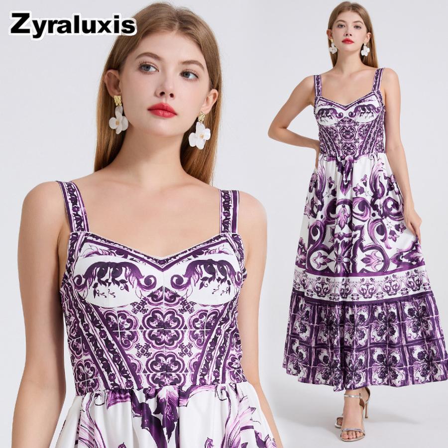 Urlaubsstil Blau-Weiß Porzellan Elegantes Neckholder Langes Kleid Sommer Neue Ankünfte Taillenbetont Plissiert Bedrucktes Kleid