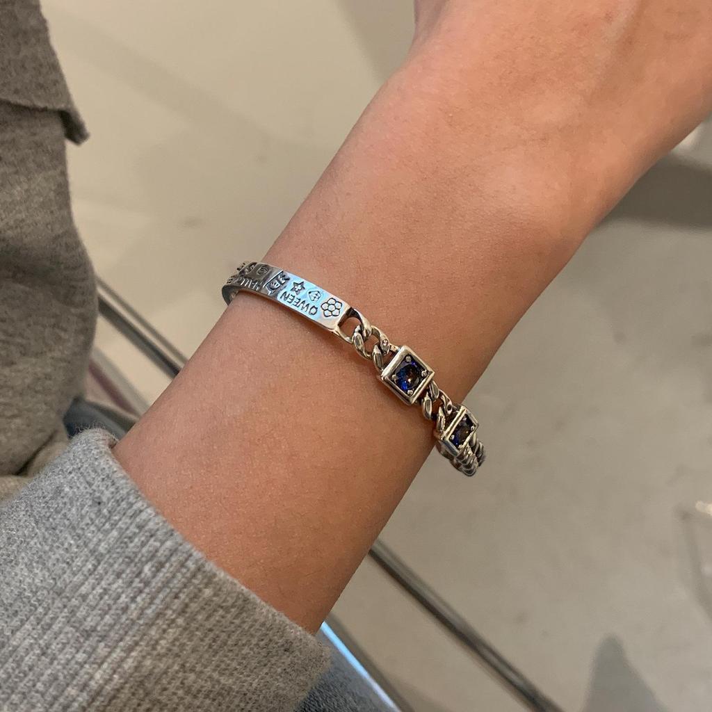 Korean Style S925 Silver Plated Retro Graffiti Patchwork Bangle - Women's Hip Hop Fashion Trend Bracelet