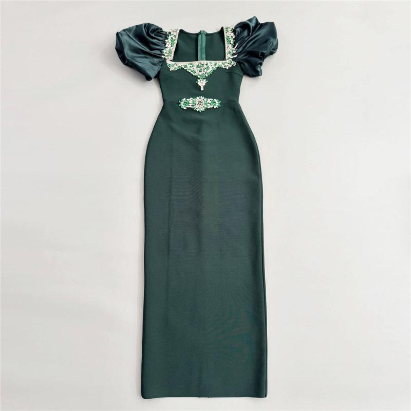 New bandage dress fashionable women's clothing square neck bubble sleeve design sense women's clothing diamond-encrusted evening dress sexy