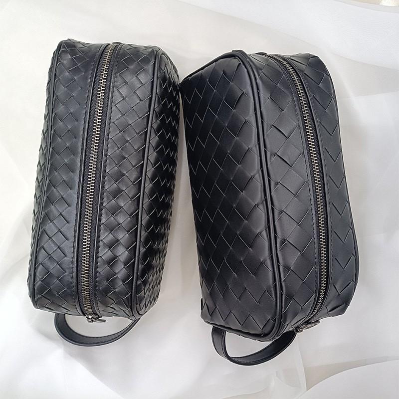 Pelle Vera Intrecciata a Mano da Uomo Portatile Strato Superiore Pelle di Mucca Cerata alla Moda Borsa da Bucato Cosmetico da Donna