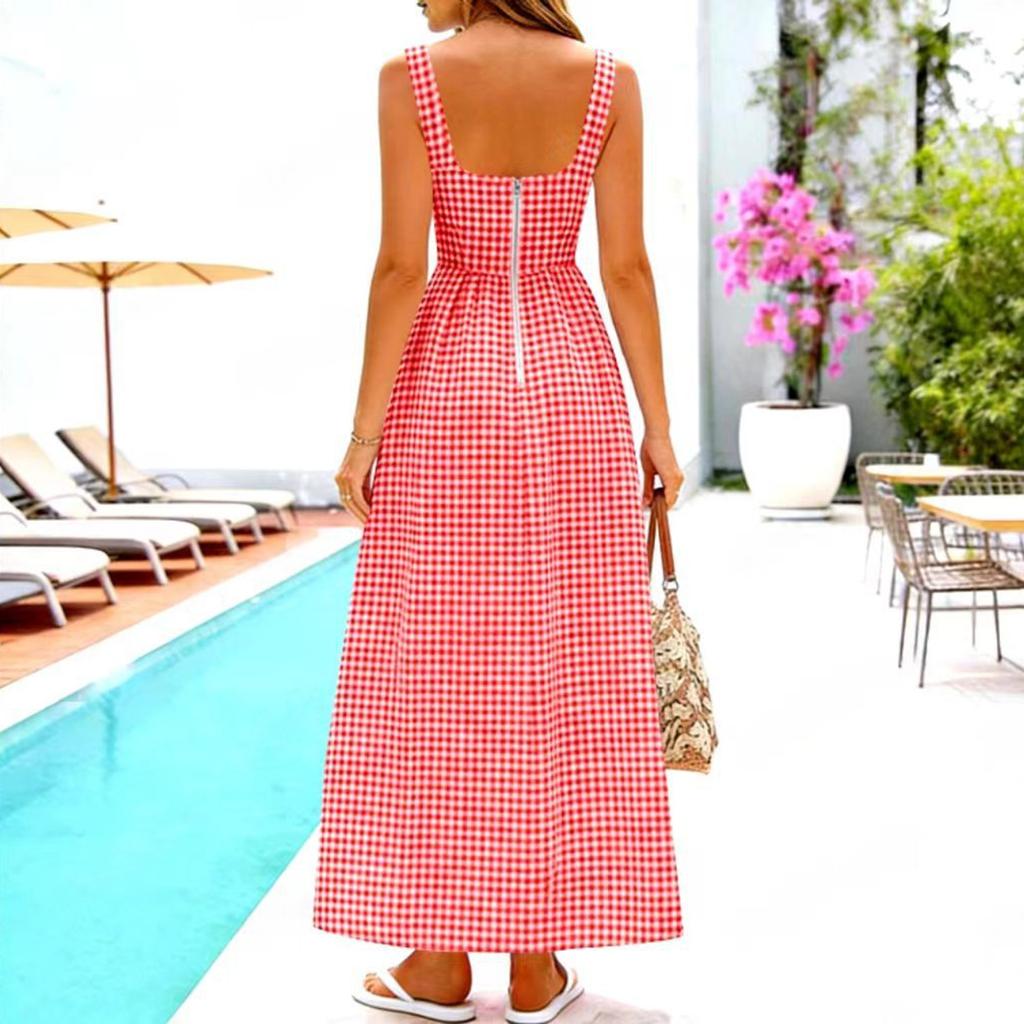 Women Casual Loose Fit Sleeveless Dress Square Neck A-Line Long Maxi Dress with Checkered Pattern Summer Sundress