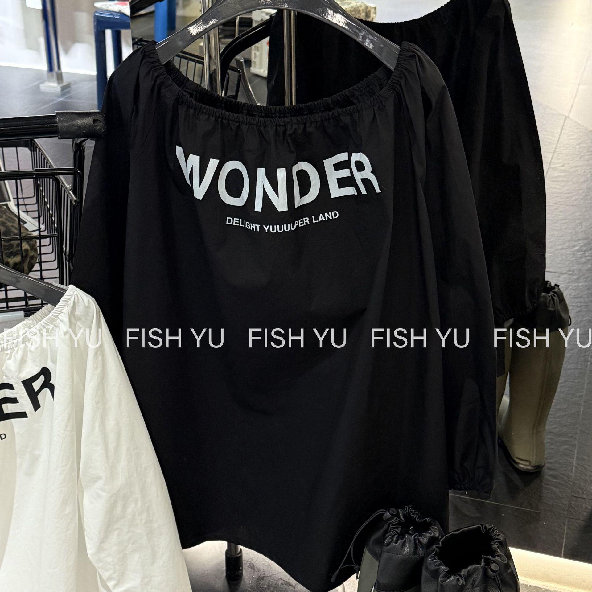 

FISHYU Autumn One-Shoulder Letter Print Shirt Dress One Size чёрный