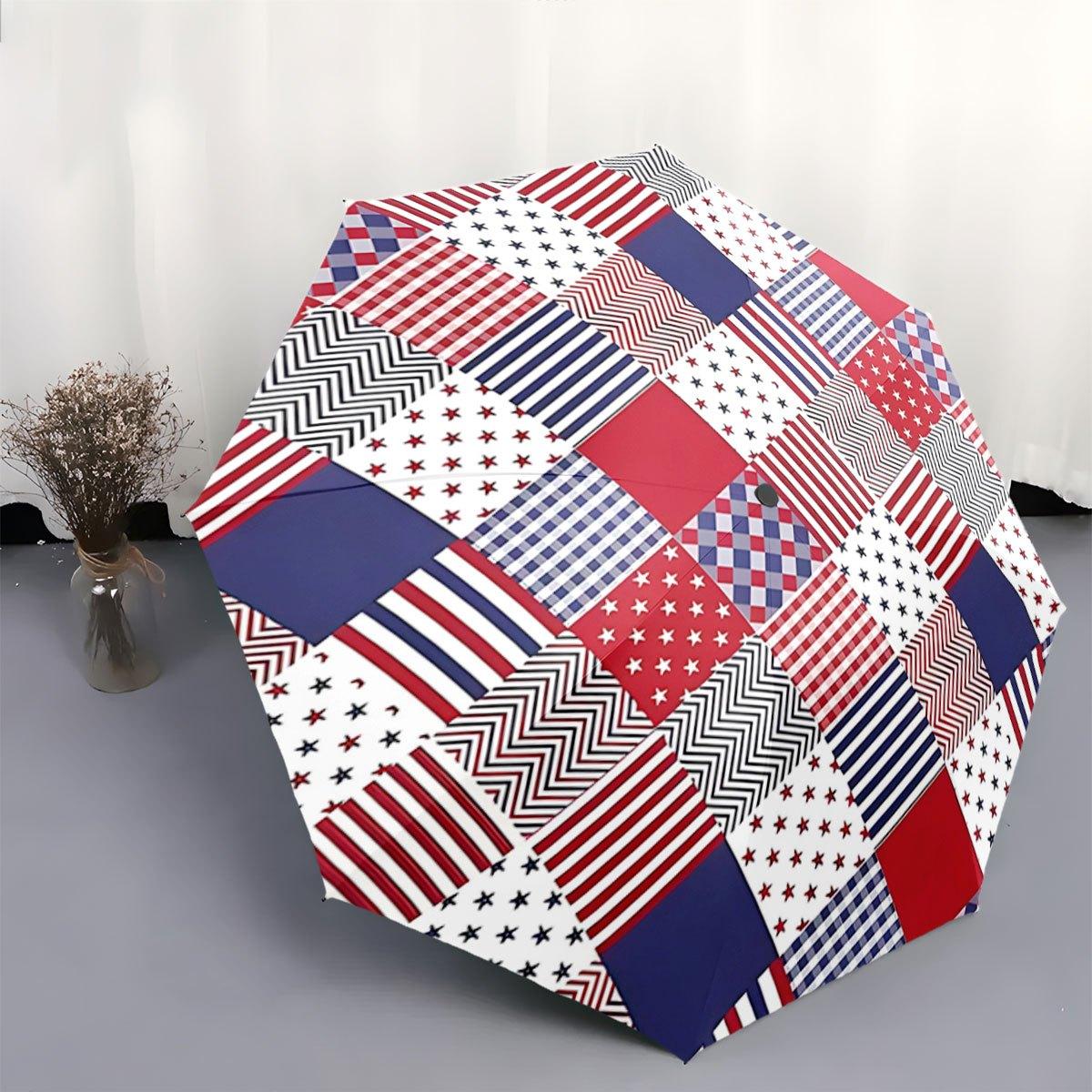 

Flag Automatic Folding Umbrella - Red White & Blue Star & Stripe Design, 8-Rib Compact Collapsible with One-Touch Button, Port Iron&8K