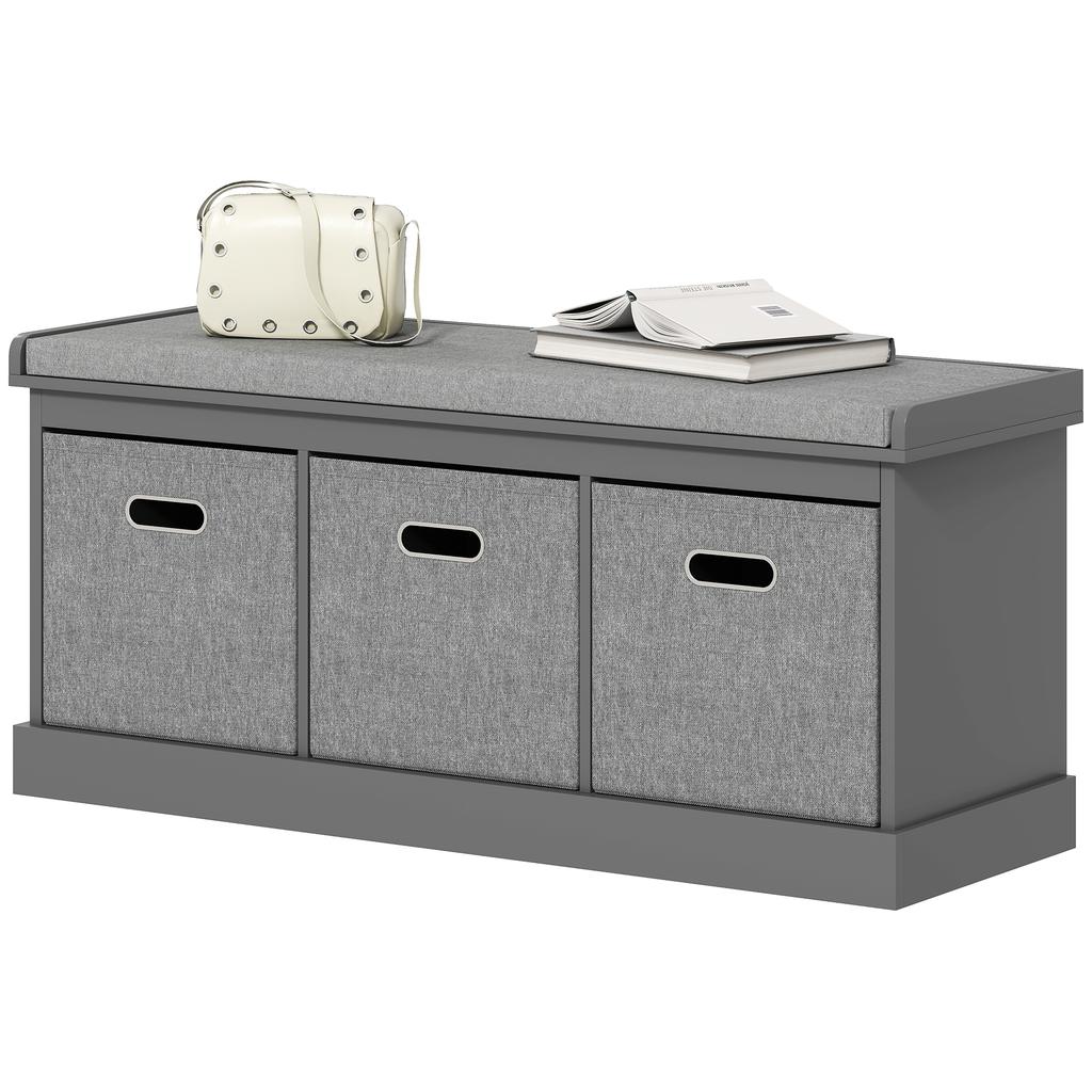 Three-Drawer Shoe Storage Bench, with Padded Top Seat - Grey