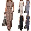 Women’s Two Piece Set Pleated Waist Short Sleeve Top and Asymmetric Hem Long Pants Outfit for Daily Wear