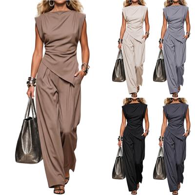 Women’s Two Piece Set Pleated Waist Short Sleeve Top and Asymmetric Hem Long Pants Outfit for Daily Wear