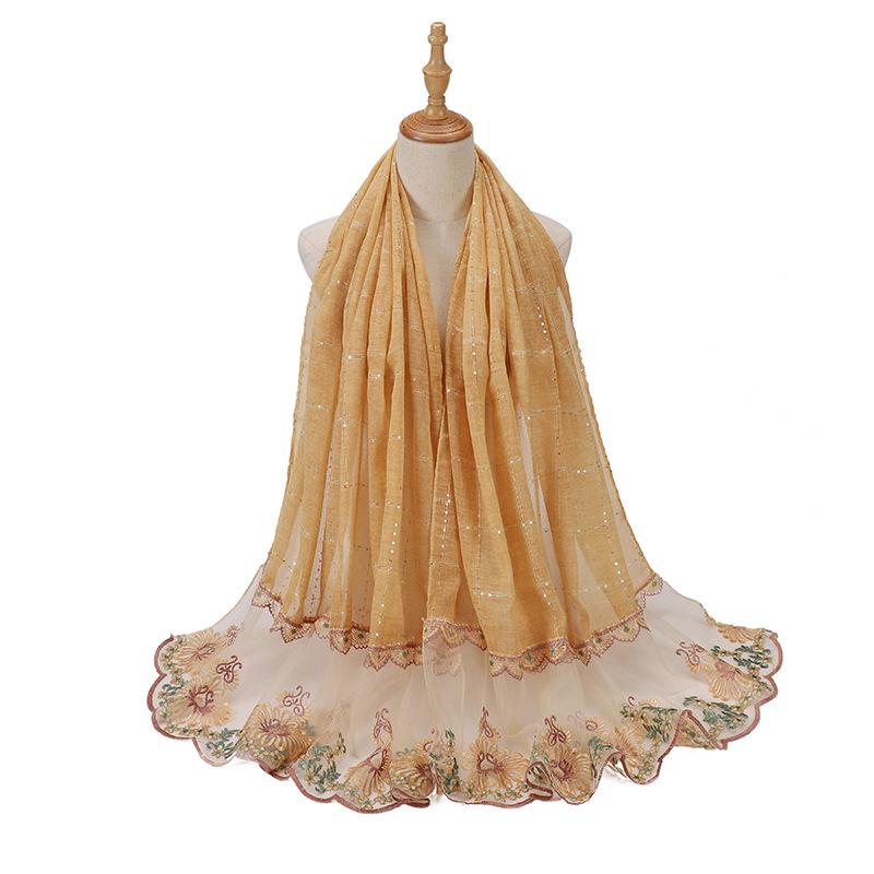 Glitter Scarf Islamic Long Shawls Wraps Luxury Flower Headscarf Headband New Embroidered Lace Sequins Hijab Stitching Splicing