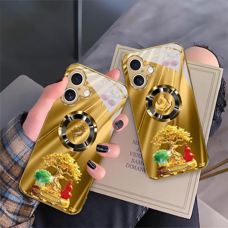Horse Head Treasure Tree For iPhone 16E 15 Pro 14 13 Plus 12 mini 11 15Pro 14Max 13Plus XR Xs 16 Pro Max Golden glass phone case