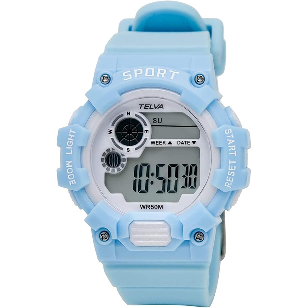 Crepha TELVA Digital Multifunction Waterproof Watch 5ATM Stopwatch Light Blue with Urethane Strap
