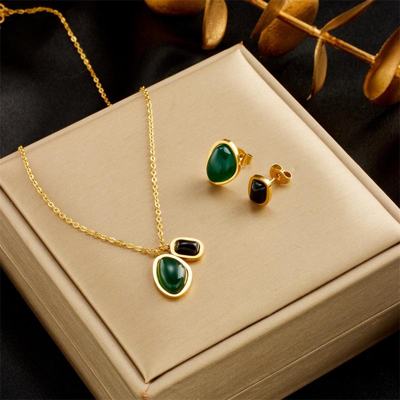 Gold Plated Stainless Steel Green Black Onyx Stone Necklace green black stone jewelry setEarrings Jewelry Set золотой