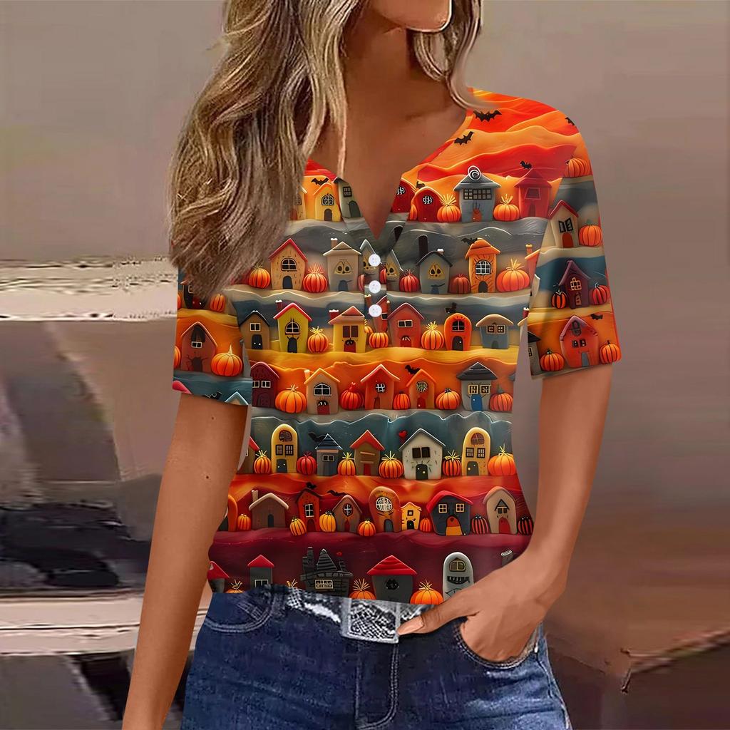 Women's T Shirt Halloween Print Button Short Sleeve Daily Weekend Fashion Basic V- Neck Regular Top
