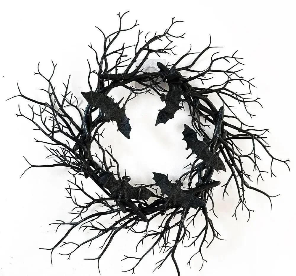 

2025 New 45cm Halloween Wreath Bat Black Branch Wreaths With Red LED Light Wreaths For Doors Window Flower Garland Halloween Dec 45cm